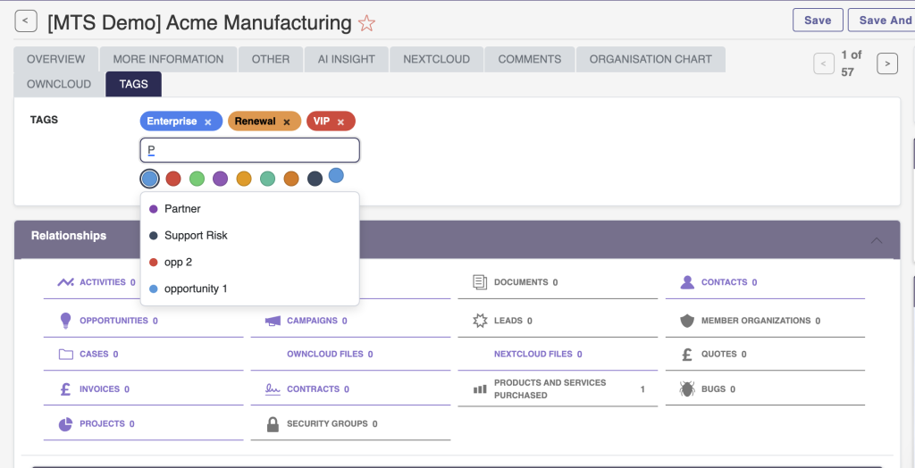 Diagram illustrating SuiteCRM Tag Field relationships across CRM modules