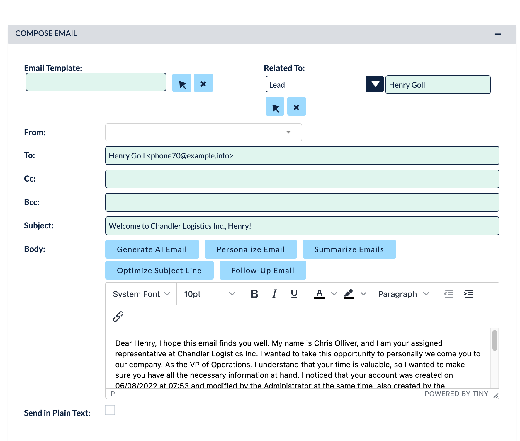 Sales representative struggling with manual email drafting in CRM