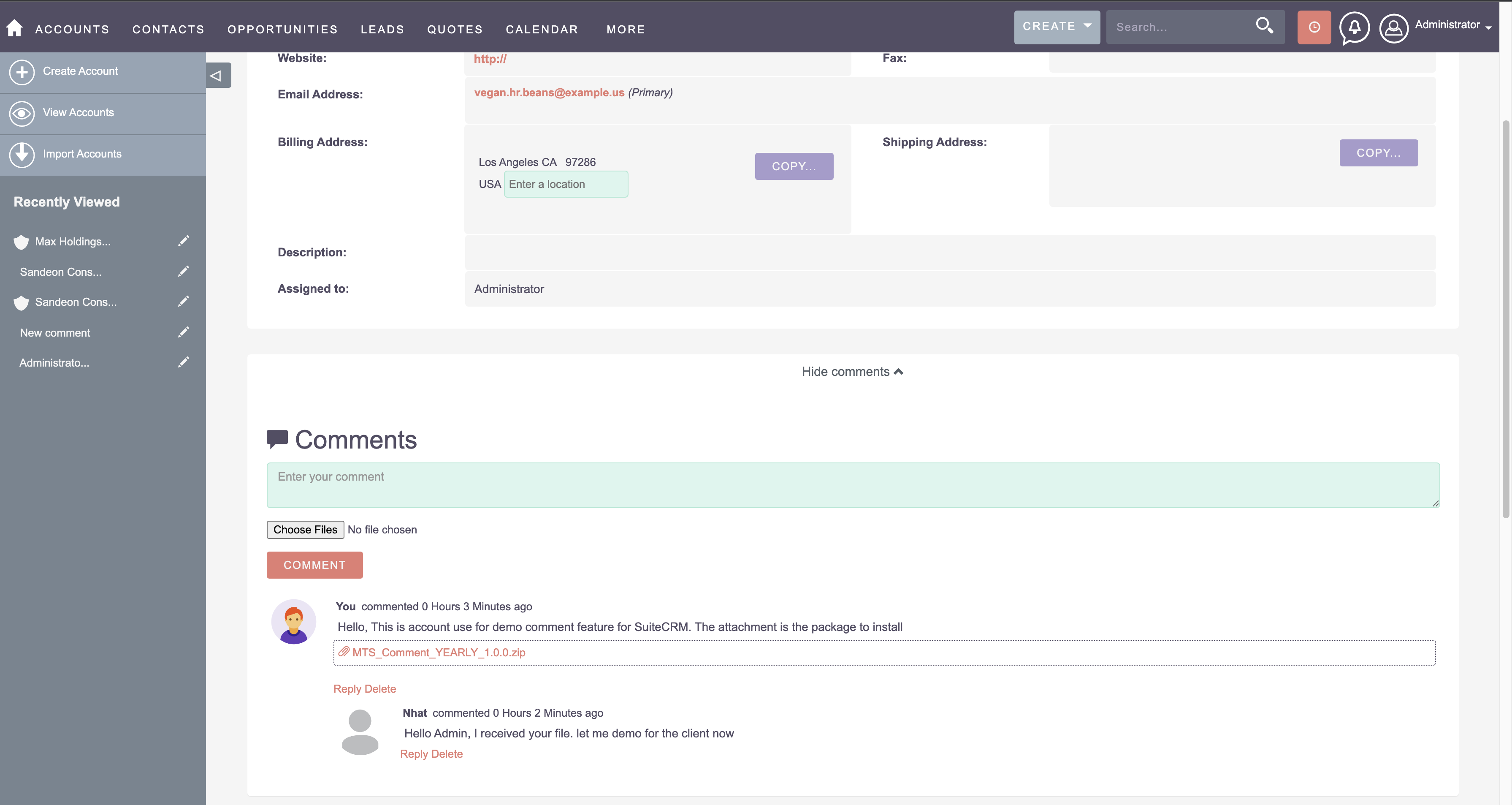 MTS SuiteCRM Comment screenshot #2