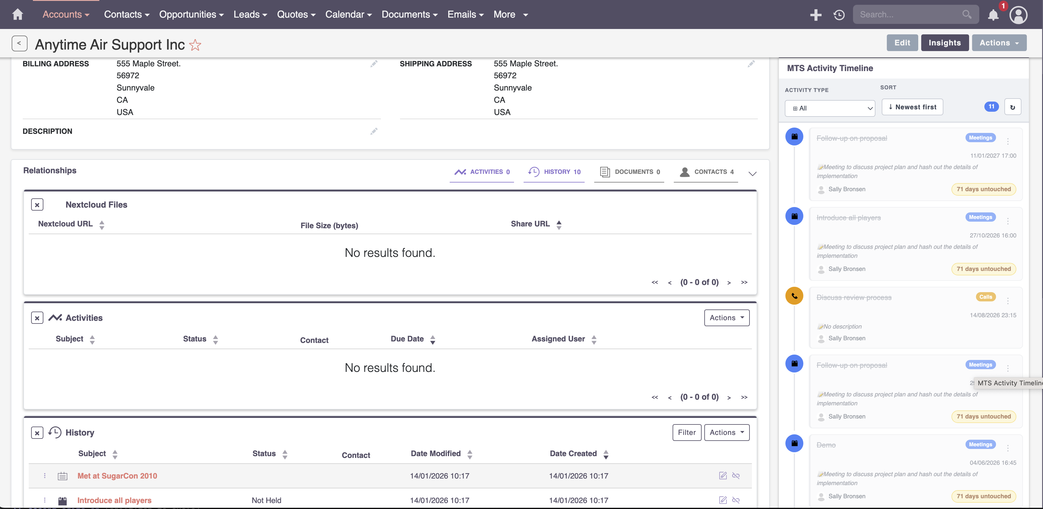 MTS History Timeline plugin interface showing a chronological view of activities