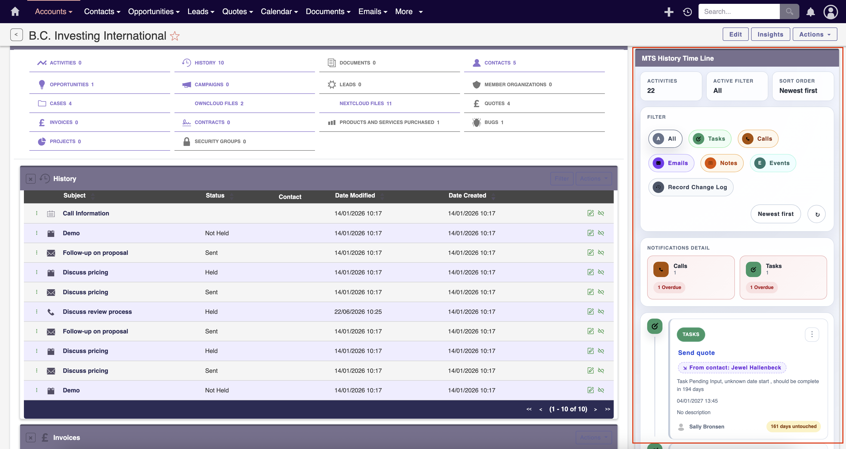 MTS History Summary plugin displaying aggregated customer interaction data